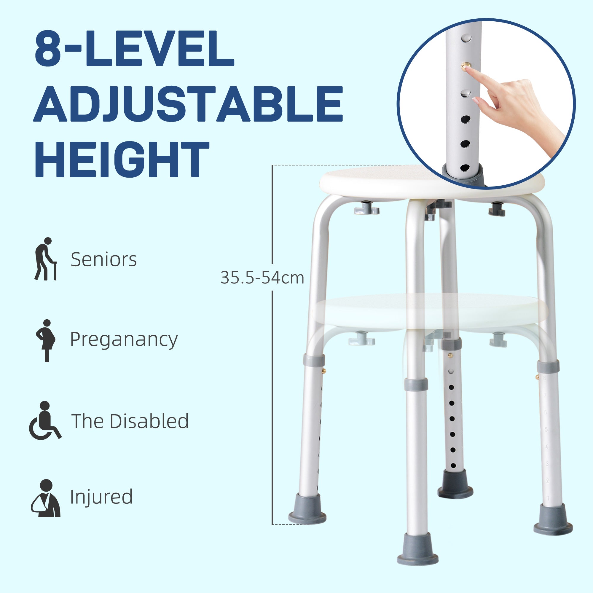 HOMCOM Shower Chair, Height Adjustable Aluminium Shower Stool with Non-Slip Feet for Disabled, Elderly, White 