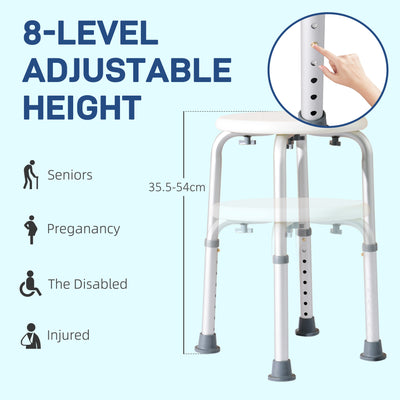 HOMCOM Shower Chair, Height Adjustable Aluminium Shower Stool with Non-Slip Feet for Disabled, Elderly, White 