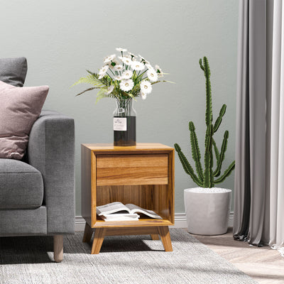 HOMCOM Modern Bedside Table Nightstand, Living Room End Table, Side Table with Drawer and Shelf, Walnut Brown 