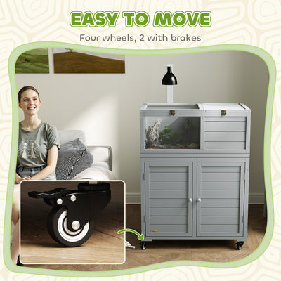 PawHut Wooden Tortoise House with Storage Cabinet, Openable Top, Lamp Holder, Transparent Observation Windows, Light Grey 