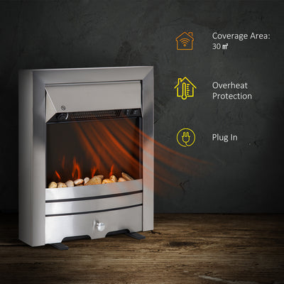 HOMCOM 2KW Stainless Steel Electric Fireplace Pebble Burning Effect Heater Fire Flame Indoor Stove LED Lighting 