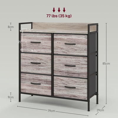 HOMCOM Rustic Chest of Six Fabric Drawers - Grey Wood Effect 