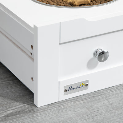 PawHut Pet Feeder Station, Dog, Cat Storage Container, with Raised Bowls, Hanger, Cabinet - White 