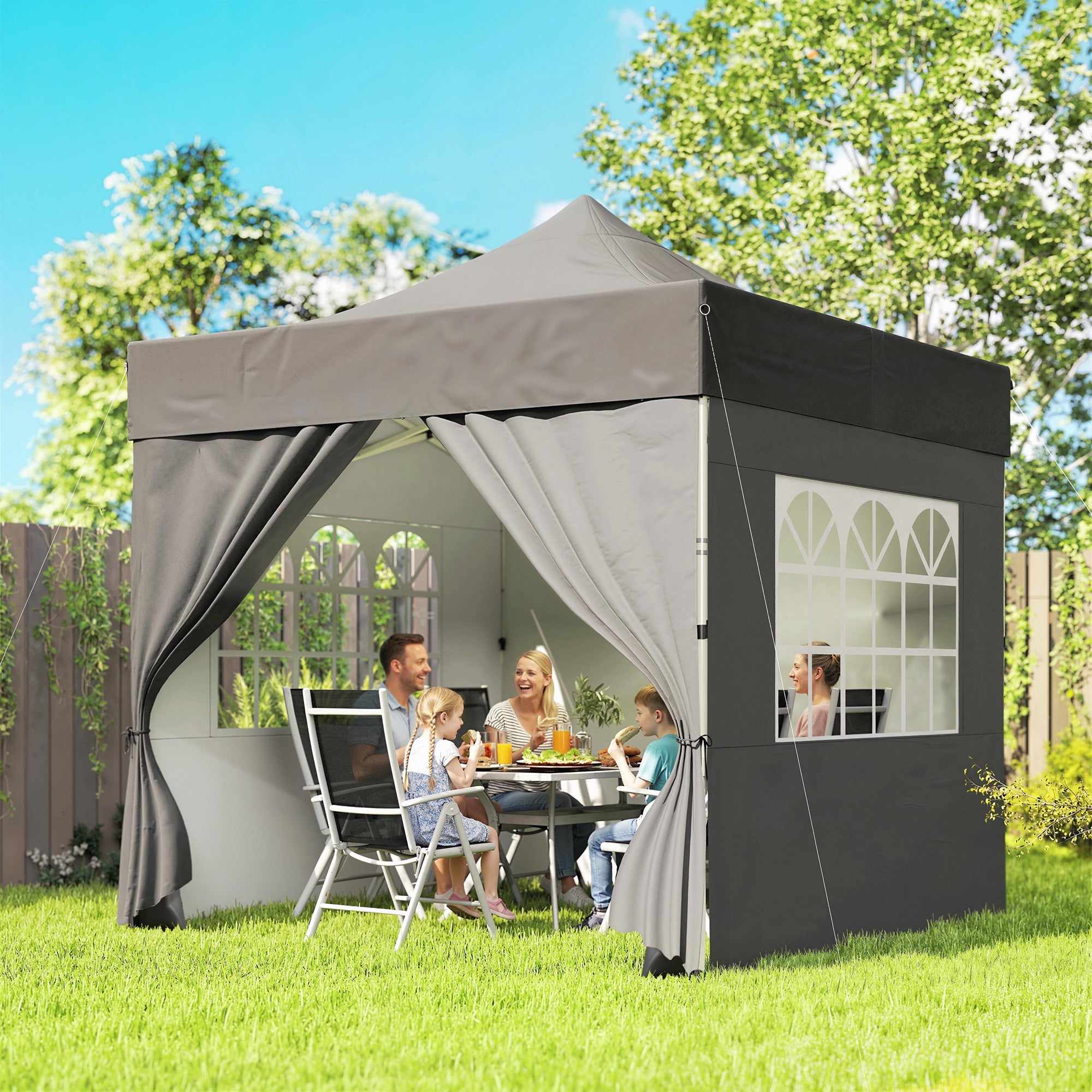 Outsunny 3 x 3 m Pop Up Gazebo with Sidewalls, UPF50+ Heavy Duty Garden Party Tent Marquee with Wheeled Carry Bag, Dark Grey 