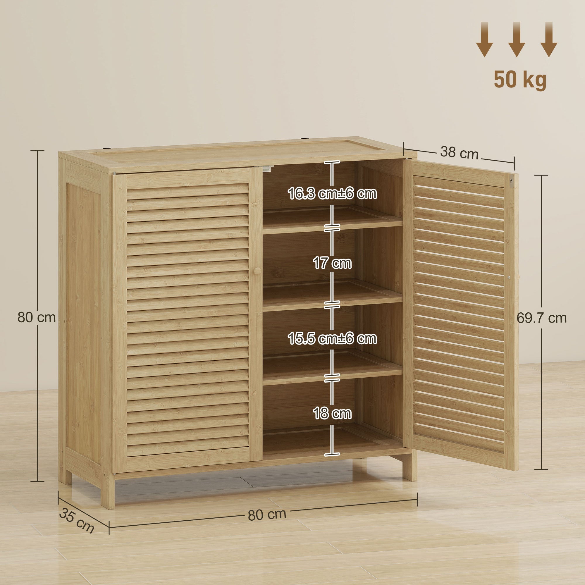 HOMCOM Bamboo Shoe Cabinet with Louvered Doors, 14 Pairs Shoe Storage Cabinet with Adjustable Shelves for Hallway, Natural 