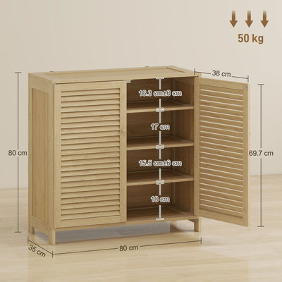 HOMCOM Bamboo Shoe Cabinet with Louvered Doors, 14 Pairs Shoe Storage Cabinet with Adjustable Shelves for Hallway, Natural 