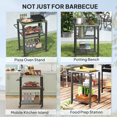 Outsunny Three-Shelf Outdoor Grill Cart with Stainless Steel Top, Outdoor Kitchen Island with 4 Wheels, 3 Hooks, Movable Food Prep Pizza Oven Table for Kitchen, Patio, Garden, 65.5 x 41 x 79 cm 