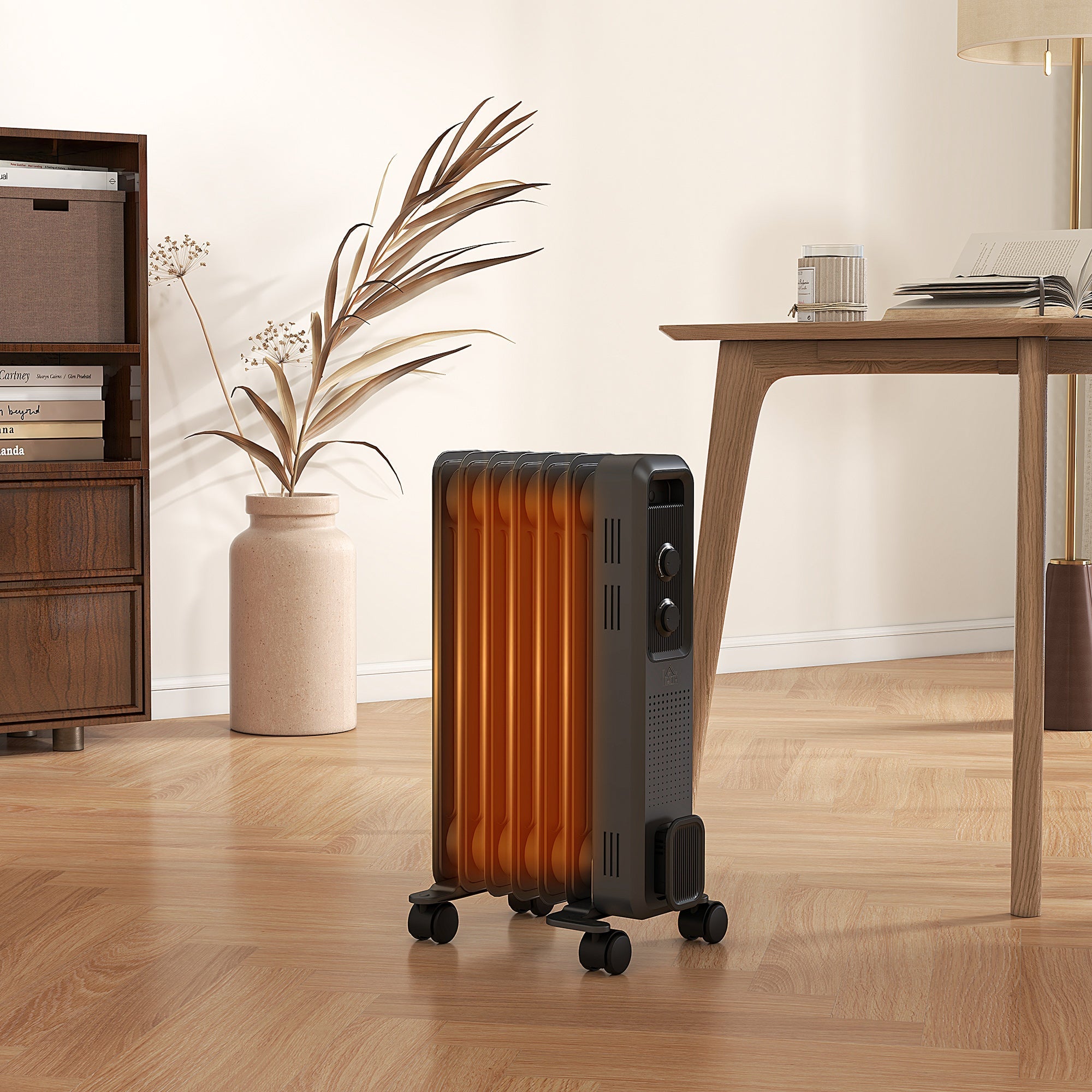 HOMCOM 1500W Oil Filled Radiator, 7 Fin, Portable Electric Heater with 3 Heat Settings, Safety Cut-Off and Wheels, Grey 