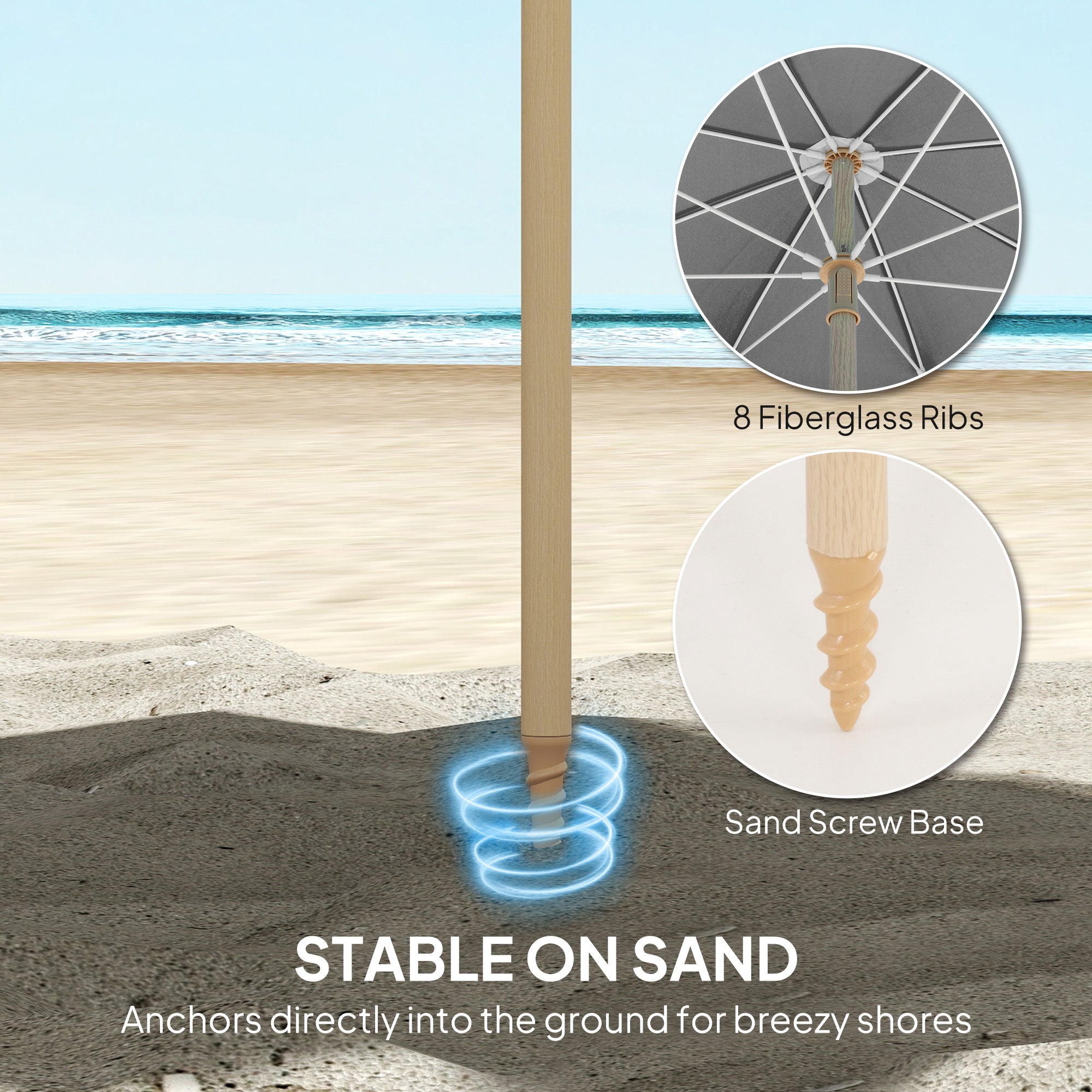 Outsunny 1.7 m Beach Umbrella with Sand Anchor, 30° Tilting Fringed Beach Garden Parasol with Adjustable Height, Grey 