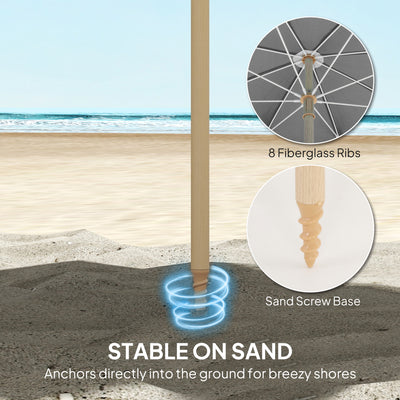 Outsunny 1.7 m Beach Umbrella with Sand Anchor, 30° Tilting Fringed Beach Garden Parasol with Adjustable Height, Grey 