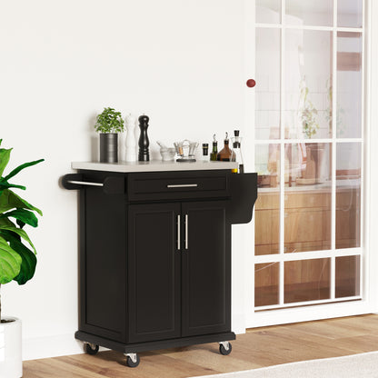 HOMCOM Wooden Kitchen Island on Wheels, Serving Cart Storage Trolley with Stainless Steel Top, Drawer, Side Handle and Rack, Black 