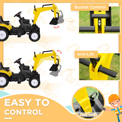 HOMCOM Kids Ride on Digger Pedal Go Kart Pretend Play Construction No Power Truck with Horn for 3 - 6 Years, Yellow 