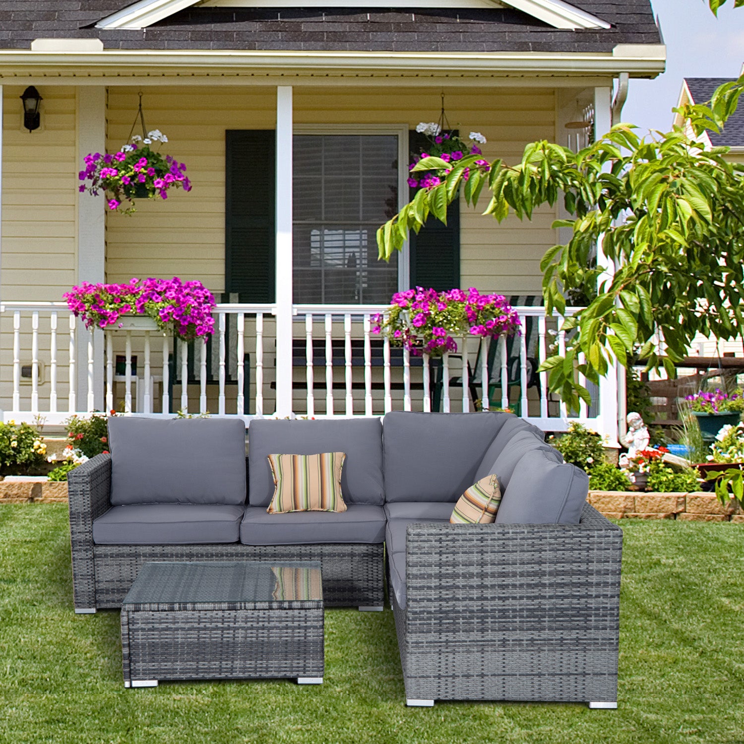 Outsunny 4 Pieces Rattan Garden Furniture Set, Wicker Outdoor Furniture Set with Corner Sofa Loveseat Coffee Table Cushions, Conservatory Furniture Set for Patio Balcony Poolside, Grey 