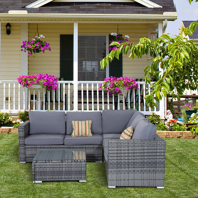 Outsunny 4 Pieces Rattan Garden Furniture Set, Wicker Outdoor Furniture Set with Corner Sofa Loveseat Coffee Table Cushions, Conservatory Furniture Set for Patio Balcony Poolside, Grey 