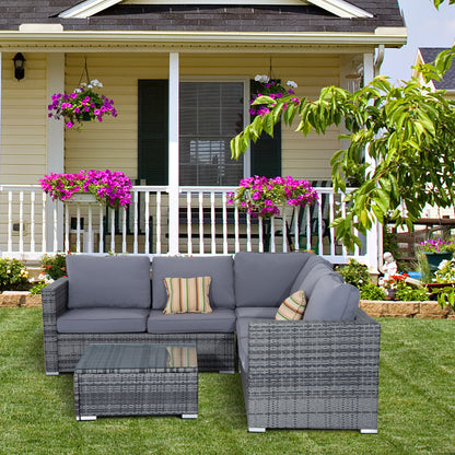 Outsunny 4 Pieces Rattan Garden Furniture Set, Wicker Outdoor Furniture Set with Corner Sofa Loveseat Coffee Table Cushions, Conservatory Furniture Set for Patio Balcony Poolside, Grey 