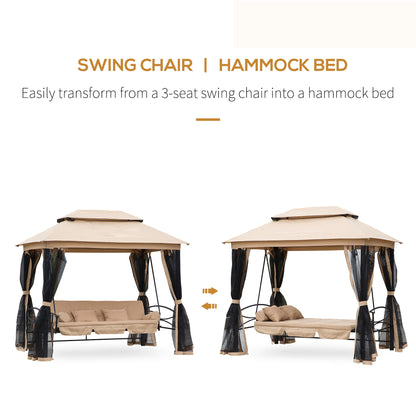 Outsunny 3 Seater Swing Chair 3-in-1 Convertible Garden Swing Seat Bed Gazebo Patio Bench Outdoor with Double Tier Canopy, Cushioned Seat, Mesh Sidewalls, Beige 