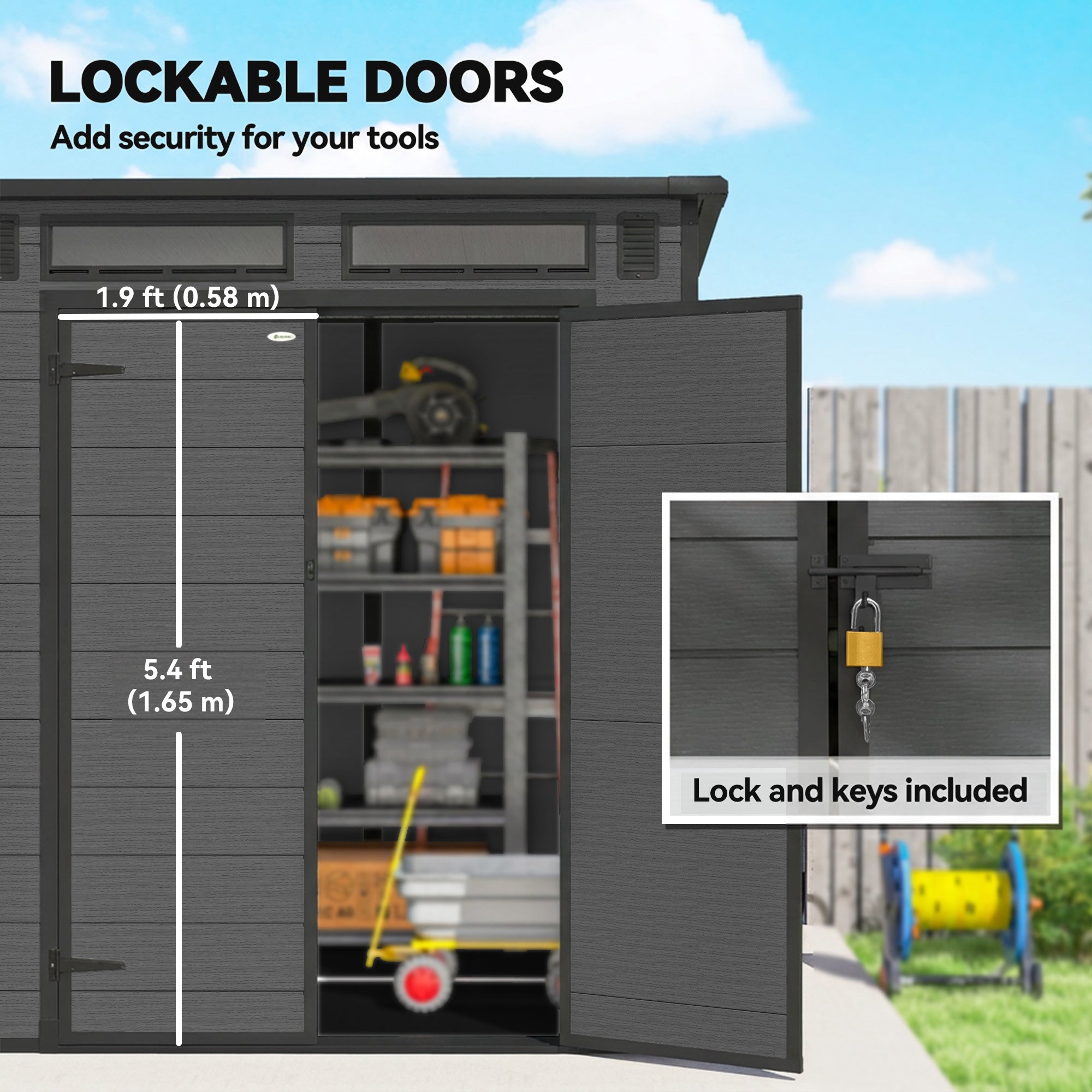 Outsunny 6 x 6 ft Plastic Garden Shed, Wood-Effect Outdoor Storage Shed with Floor, Windows, Lockable Doors and Vents, Dark Grey 