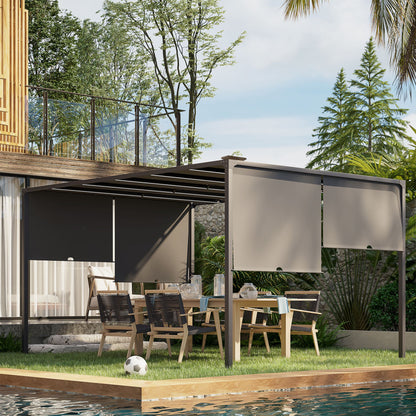 Outsunny 3(m) x 4m Metal Pergola with LED Lights, Outdoor Garden Pergola with Sliding Roof, Solar Powered, for BBQ,\'c2\'a0Lawn, Dark Grey