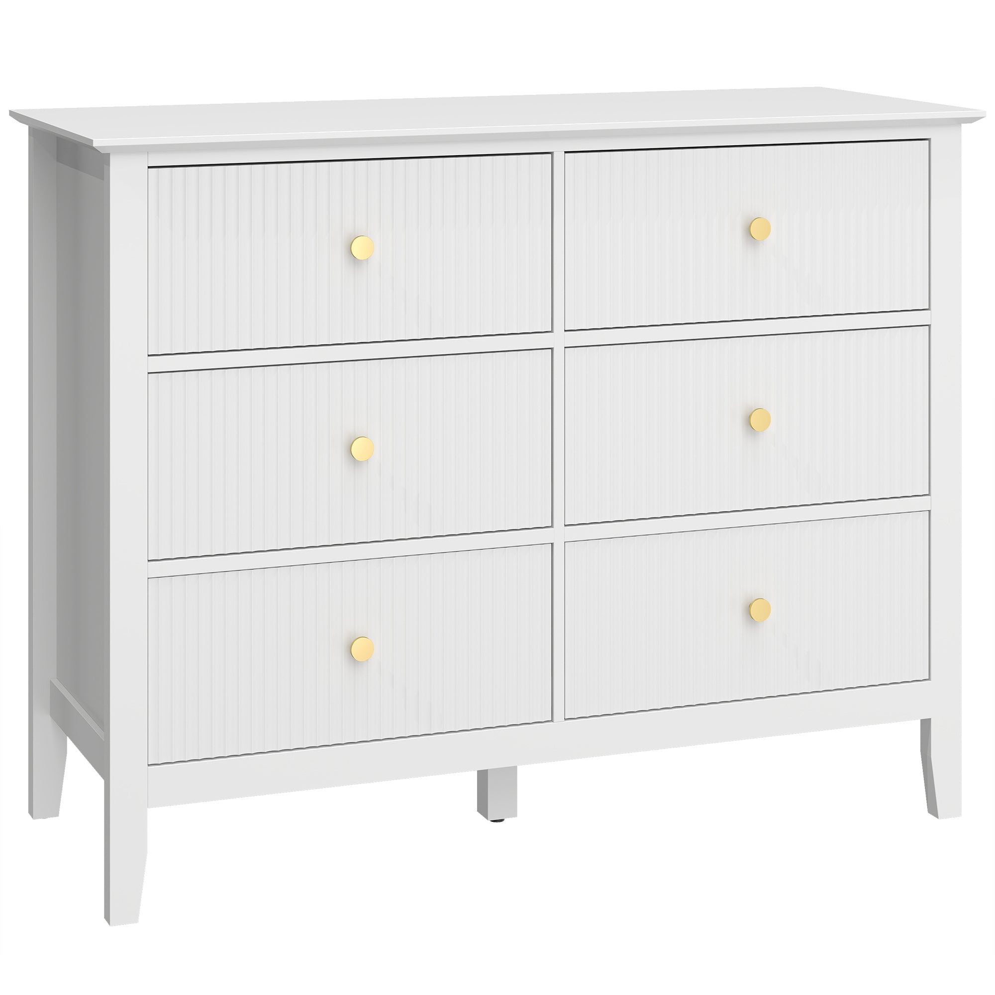HOMCOM Fluted Dresser, 6 Drawer Chest of Drawers for Bedroom, Living Room, Hallway, Closet, White 
