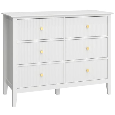 HOMCOM Fluted Dresser, 6 Drawer Chest of Drawers for Bedroom, Living Room, Hallway, Closet, White 