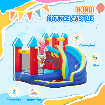 Outsunny Kids Bouncy Castle, with Slide, Pool, Trampoline, Climbing Wall, Blower 