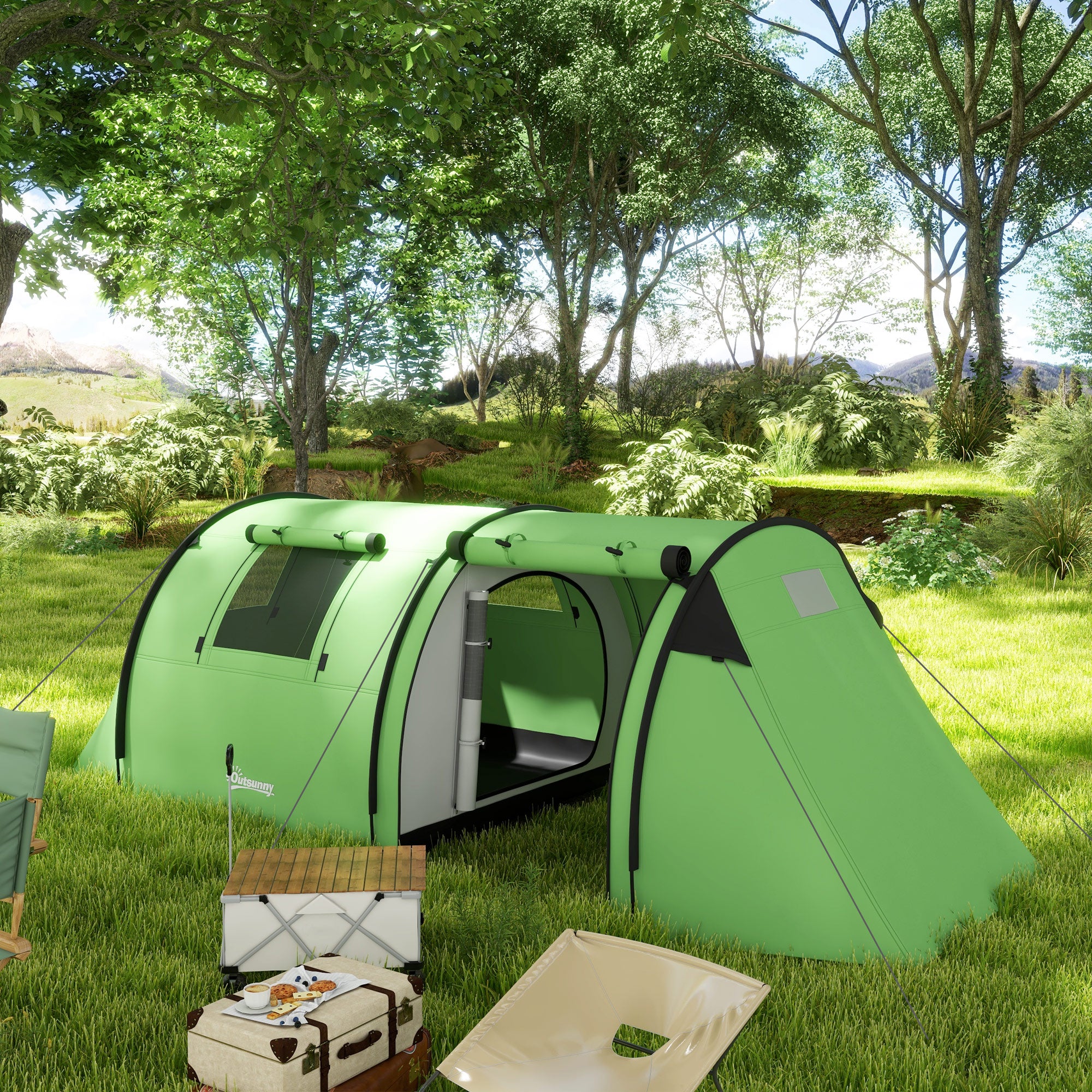 Outsunny Four Man Duo Room Tunnel Tent, with Accessories - Green 