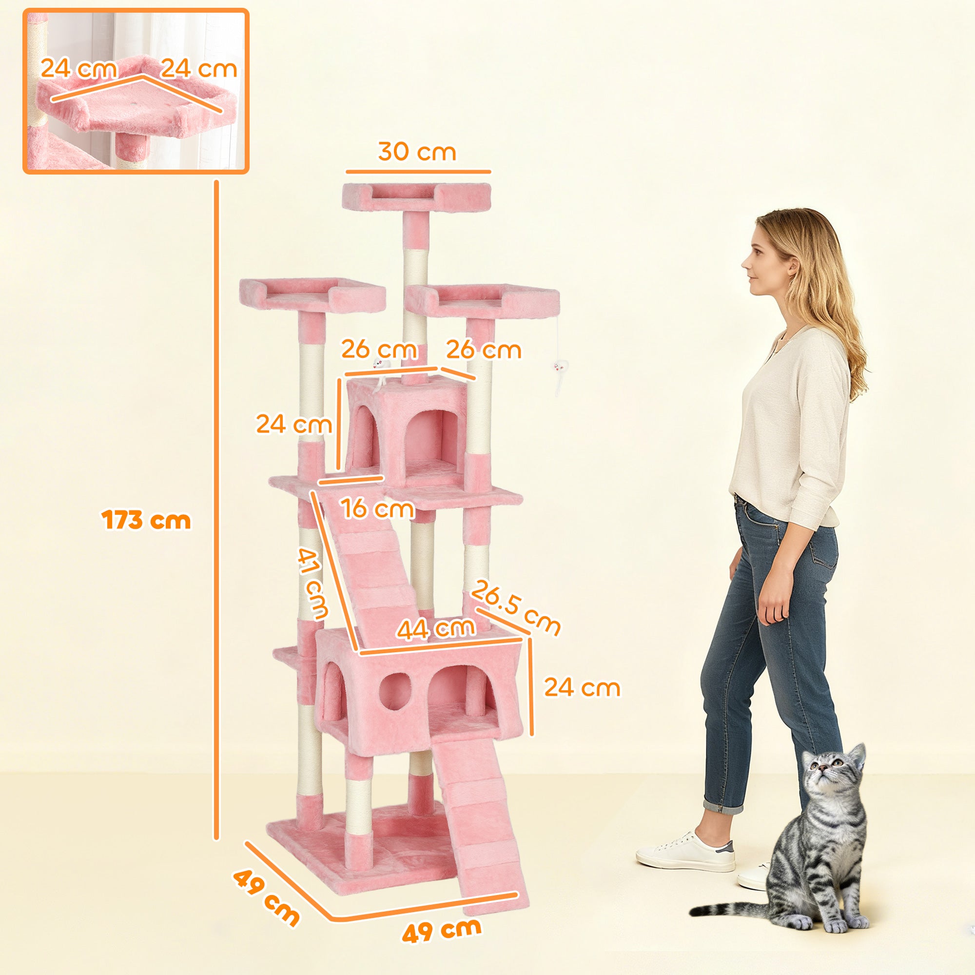 PawHut 173cm Cat Tree Scratching House, Activity Play Centre, Pink 