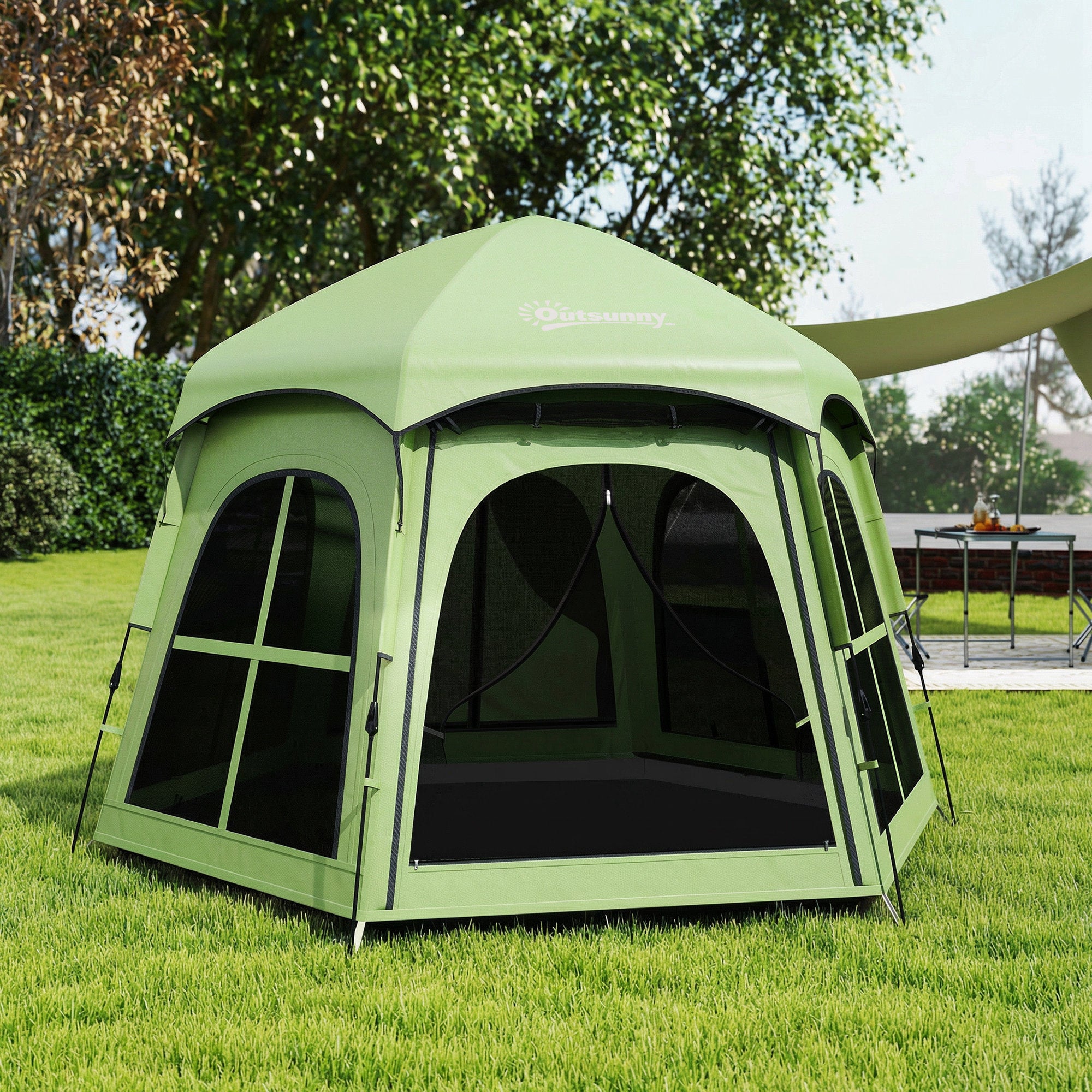 Outsunny Pop Up Tent 3000mm Waterproof Instant Camping Tent 3-4 Person with 2 Doors 4 Windows Green 