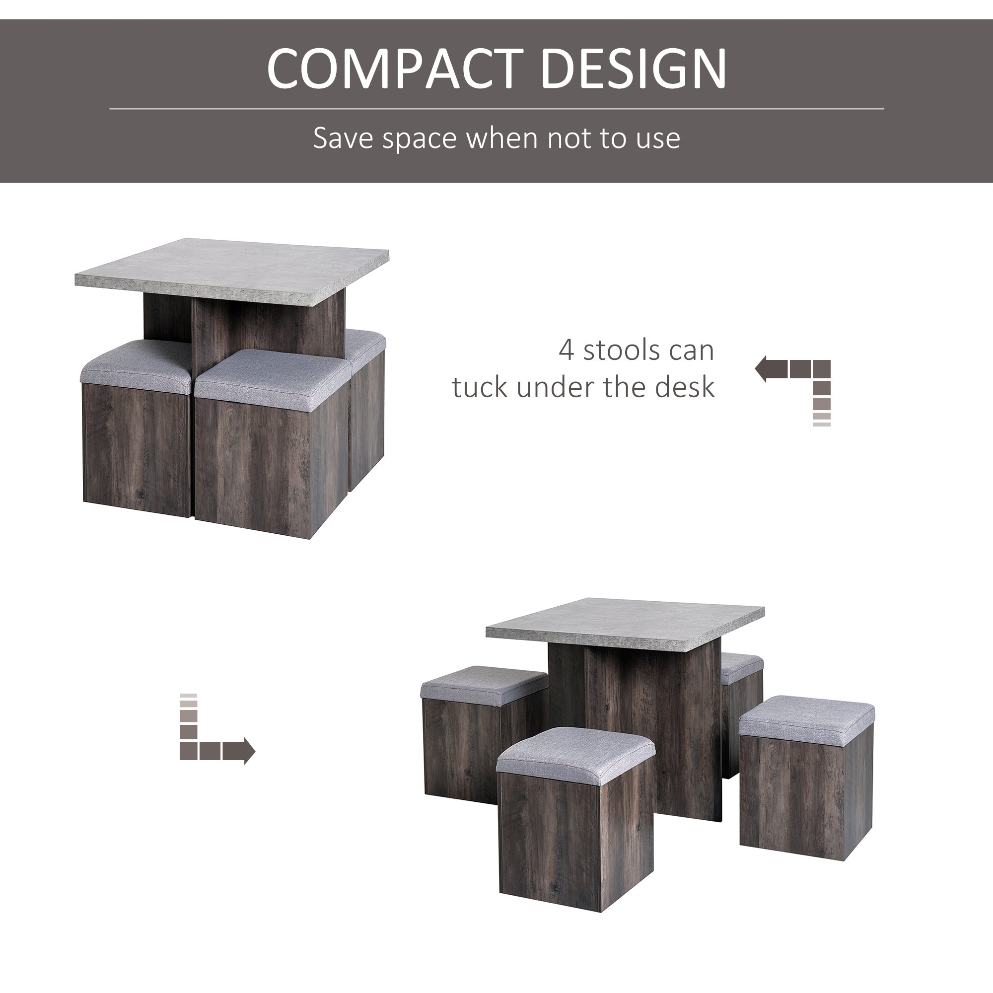 HOMCOM 5PC Dining Set Garden Patio Wooden Set 4 Storage Stools Footrest Ottoman with Cushions + 1 Table Space Saving Design Indoor Outdoor 