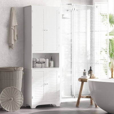 HOMCOM Tall Freestanding Bathroom Cabinet Retro Shutters w/ 3 Compartments Shelves Elevated Base Narrow Organiser White 60L x 30W x 182.5H cm 