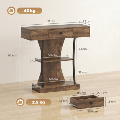 HOMCOM Console Table, 3-Tier Industrial Hallway Table with Drawer, Storage Shelves, 91 x 32 x 87 cm, Rustic Brown 