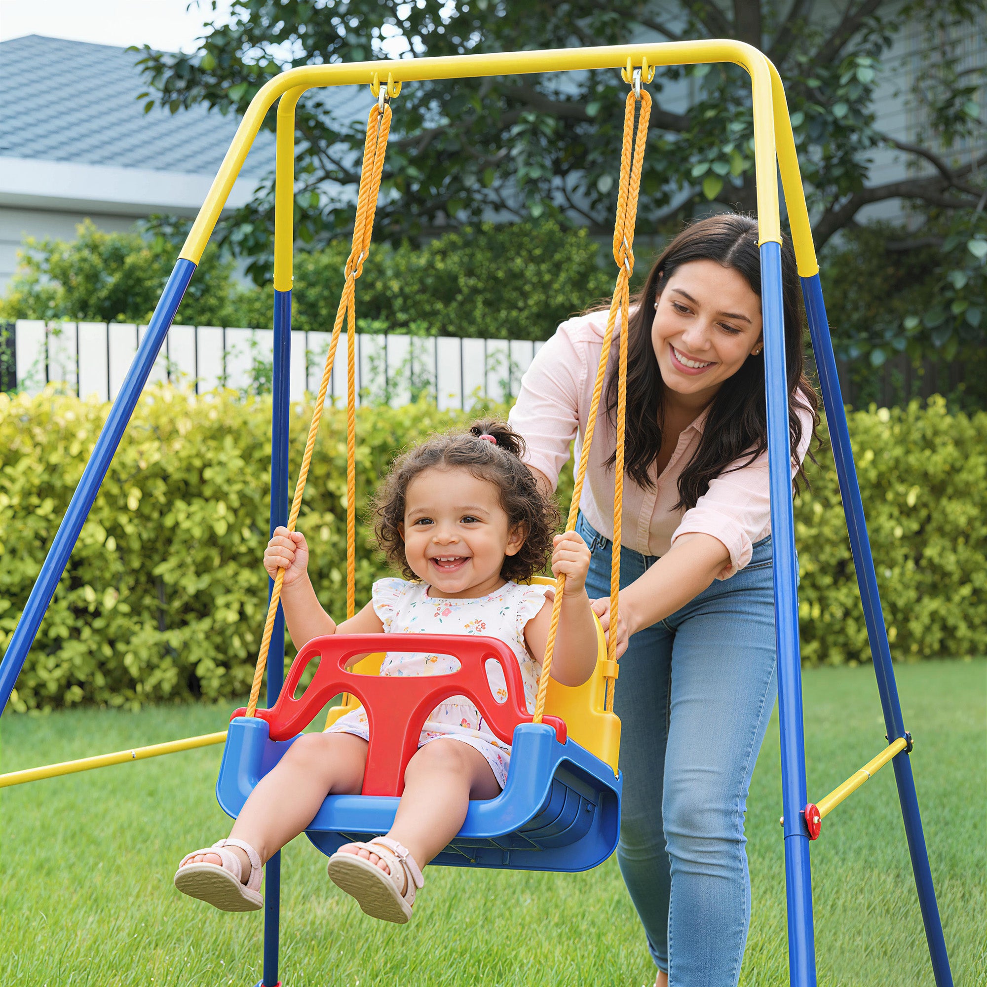 AIYAPLAY 3 in 1 Toddler Swing Set, Folding Child Swing Set with Seat Belt, Adjustable Seat for Outdoor Indoor, Blue 