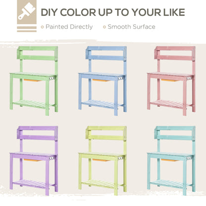 Outsunny Garden Potting Bench w/ Sliding Tabletop, Wooden Workstation w/ Dry Sink, Outdoor Workbench Potting Table w/ Storage Shelf & Hooks, Natural 