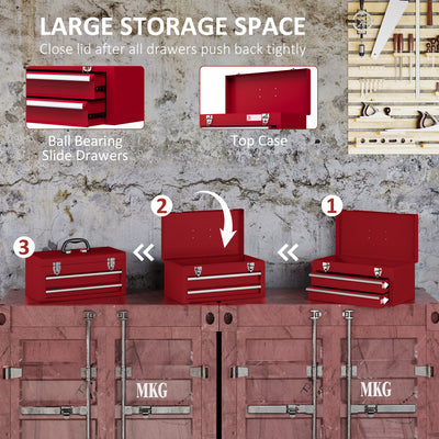 DURHAND Lockable Metal Tool Box, 2 Drawer Tool Chest with Latches, Handle, Ball Bearing Runners, Red 