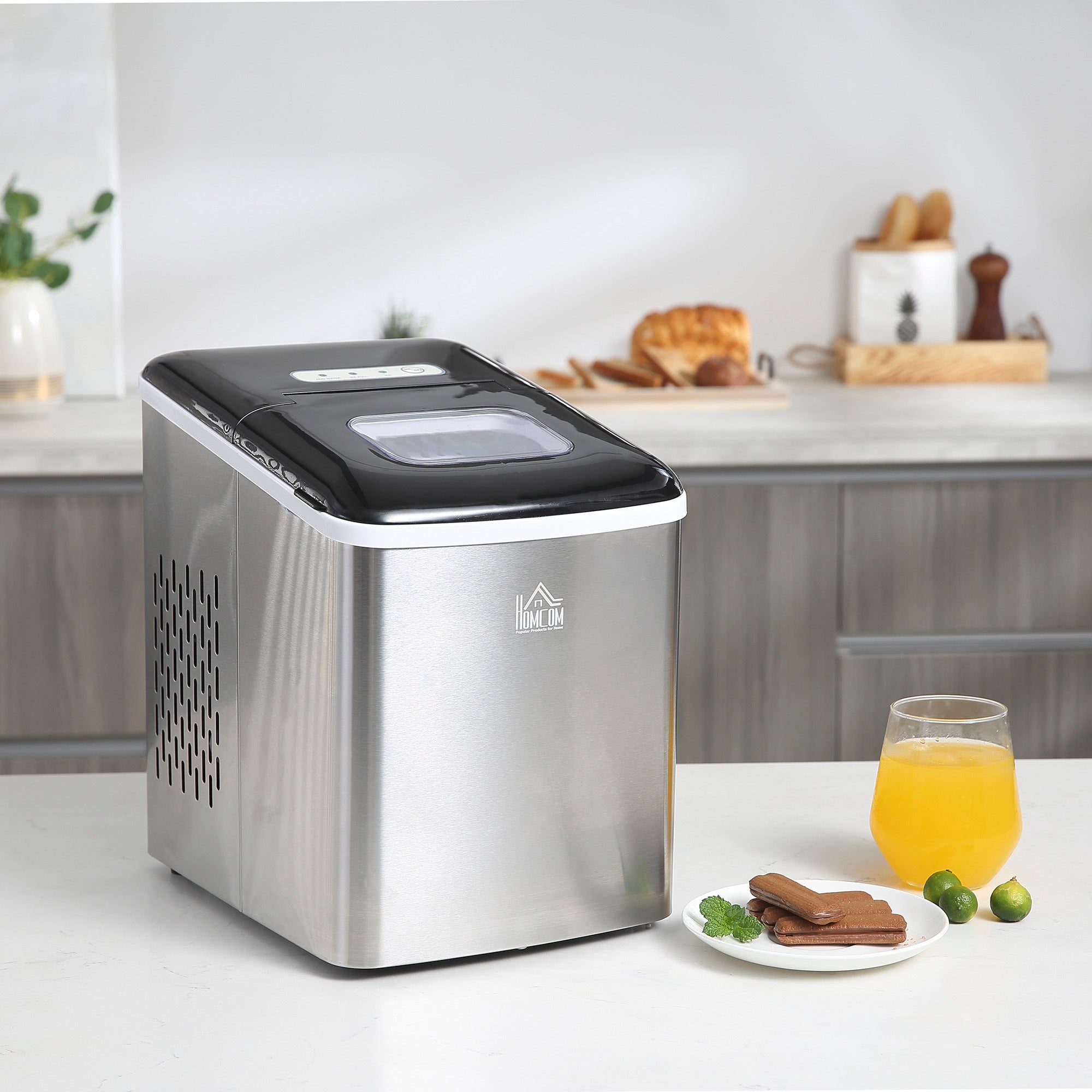 HOMCOM Ice Maker Machine, Counter Top Ice Cube Maker for Home, 9 Ice Cubes per 8 Minutes, 1.8L with Self Cleaning Function, Scoop and Basket Stainless Steel No Plumbing Required Black 