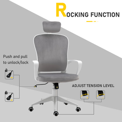 Vinsetto Office Chair, Ergonomic Desk Chair, High Back Velvet Fabric Computer Chair with Adjustable & Liftable Headrest for Home, Grey 