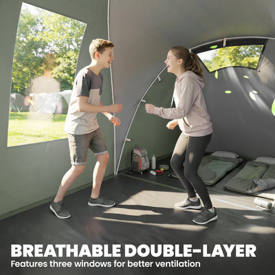 Outsunny Family Camping Tent 3000mm Waterproof Windproof Tunnel Tent 8-12 Person Two Bedrooms Green 