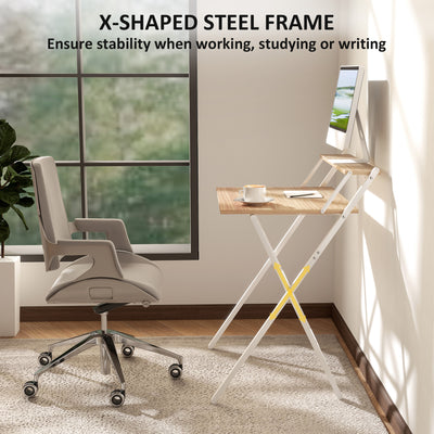 HOMCOM 70 cm Folding Computer Desk with Monitor Shelf - Natural Wood Finish 