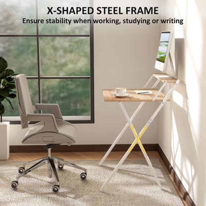 HOMCOM 70 cm Folding Computer Desk with Monitor Shelf - Natural Wood Finish