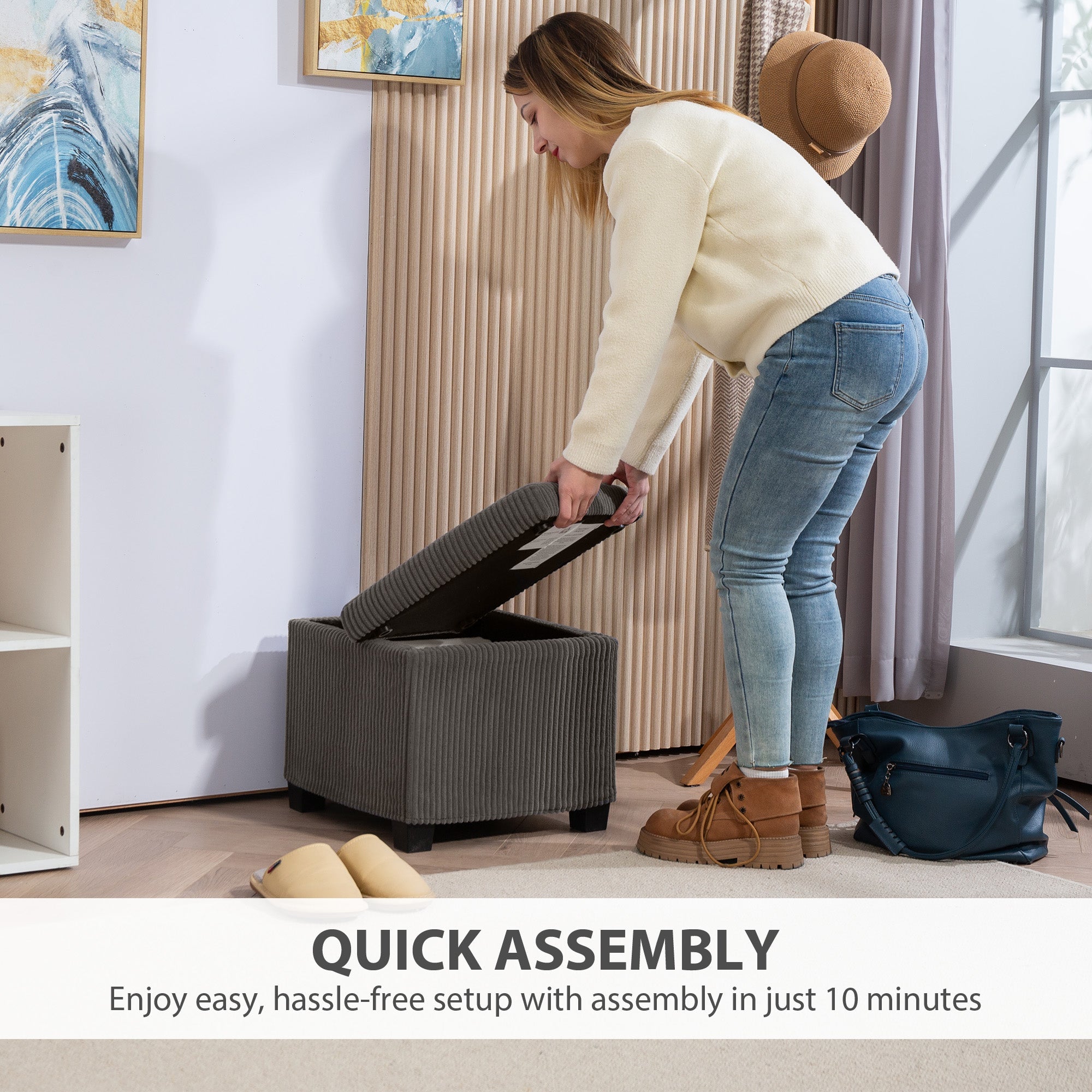 HOMCOM Storage Ottoman Bench, Corduroy Footstool with Removable Lid and Legs, 40cm Storage Chest Box for Living Room, Bedroom, Hallway, Grey 