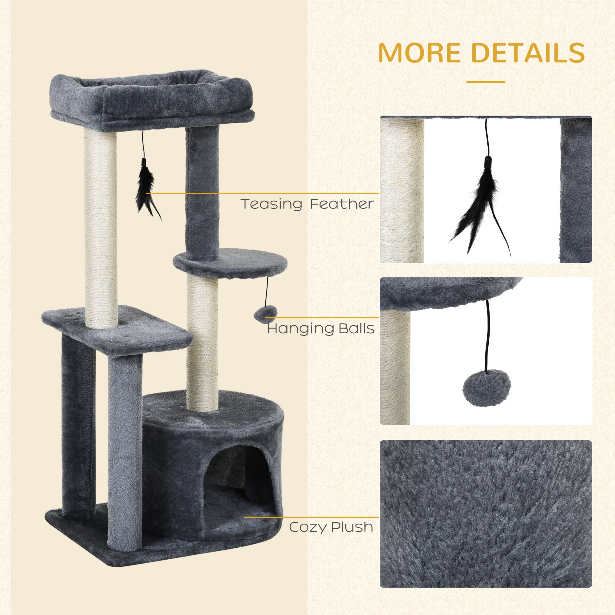 PawHut 100cm Cat Tree for Indoor Cats, Cat Tower Condo for Kittens with Cat House Sisal Scratching Posts, Hanging Ball Toys, Perches - Grey 