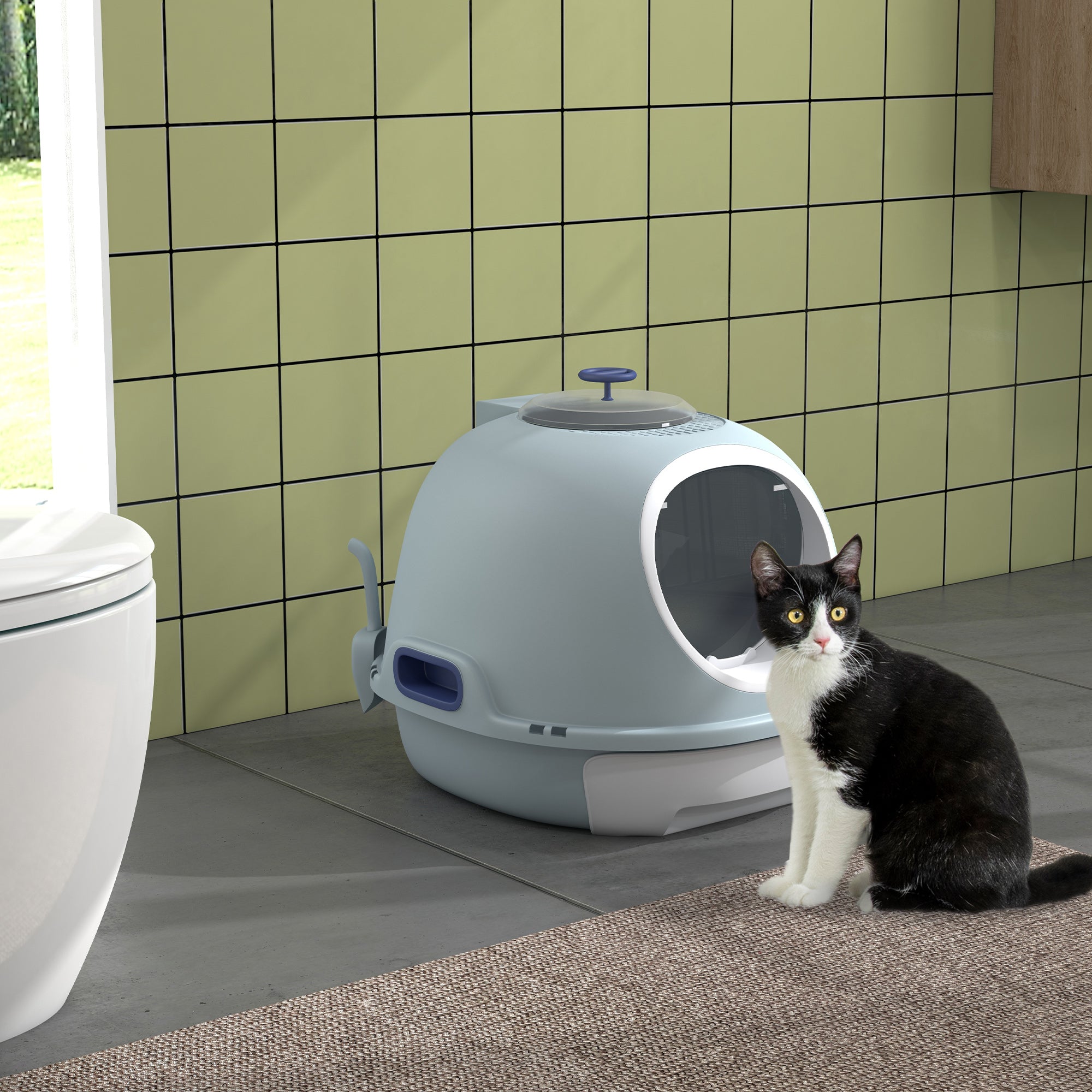 PawHut Cat Litter Box Toilet with Litter Scoop Enclosed Drawer, Front Entry Top Exit, Easy To Clean Blue 