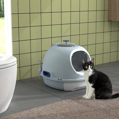 PawHut Cat Litter Box Toilet with Litter Scoop Enclosed Drawer, Front Entry Top Exit, Easy To Clean Blue 