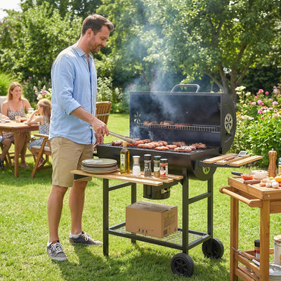 Outsunny Charcoal Grill, Barrel BBQ Smoker with Warming Rack, Charcoal BBQ Grill with Foldable Shelves, Natural Wood and Black 