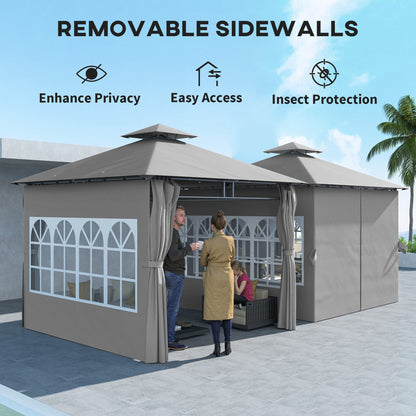 Outsunny 3 x 3 m Garden Gazebo, Double Roof Metal Gazebo with Removable Sidewalls and Church Windows, Outdoor Canopy Shelter, Light Grey 