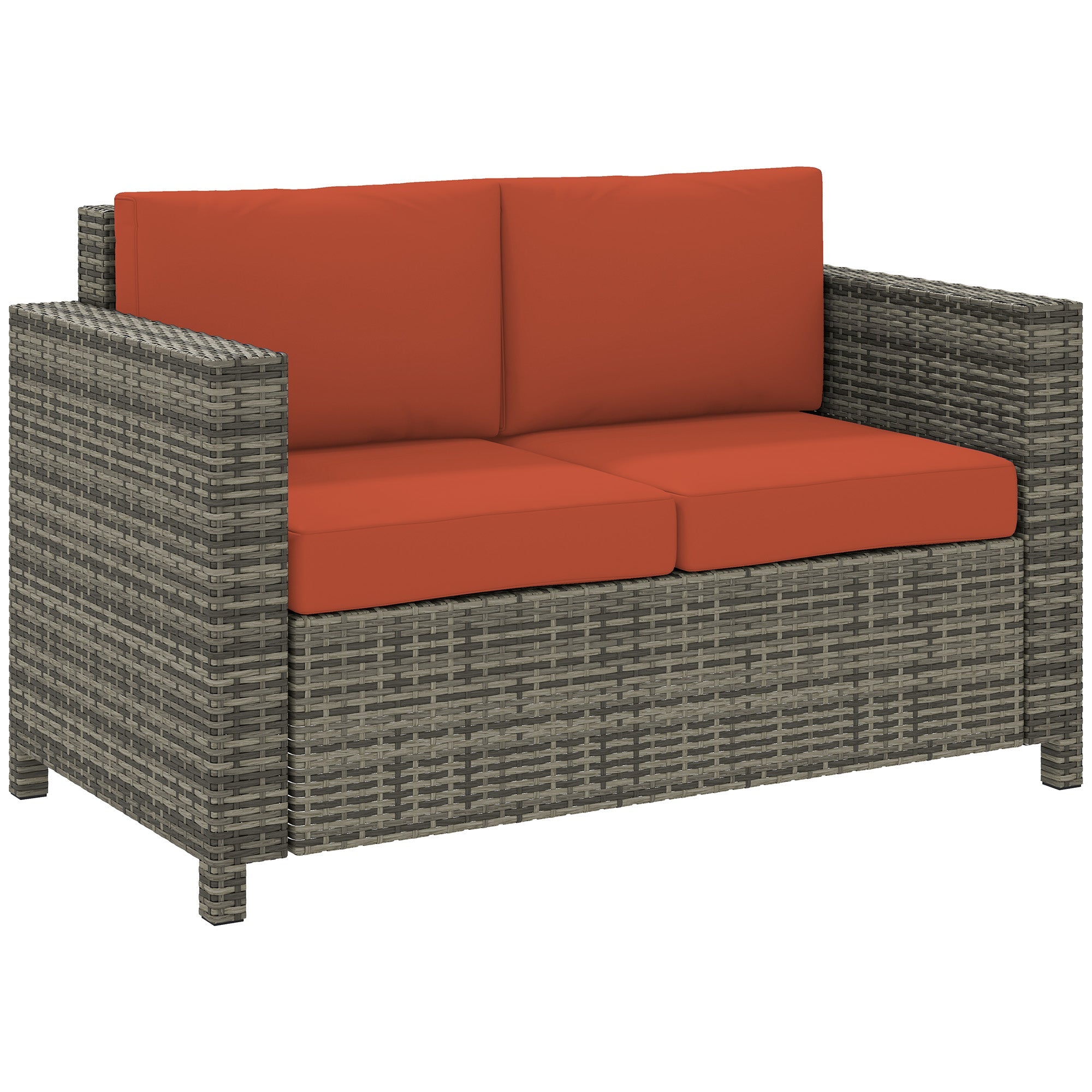Outsunny Rattan Sofa, 2 Seater Garden Furniture with Soft Padded Cushion and Armrests, Wicker Garden Loveseat for Patio, Grey 