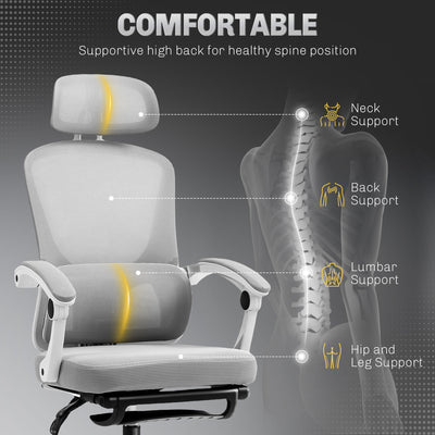HOMCOM Ergonomic Office Chair, Mesh High Back Desk Chair with Adjustable Lumbar Support and Headrest, Footrest, Reclining Executive Swivel Computer Chair for Home Study, Grey 