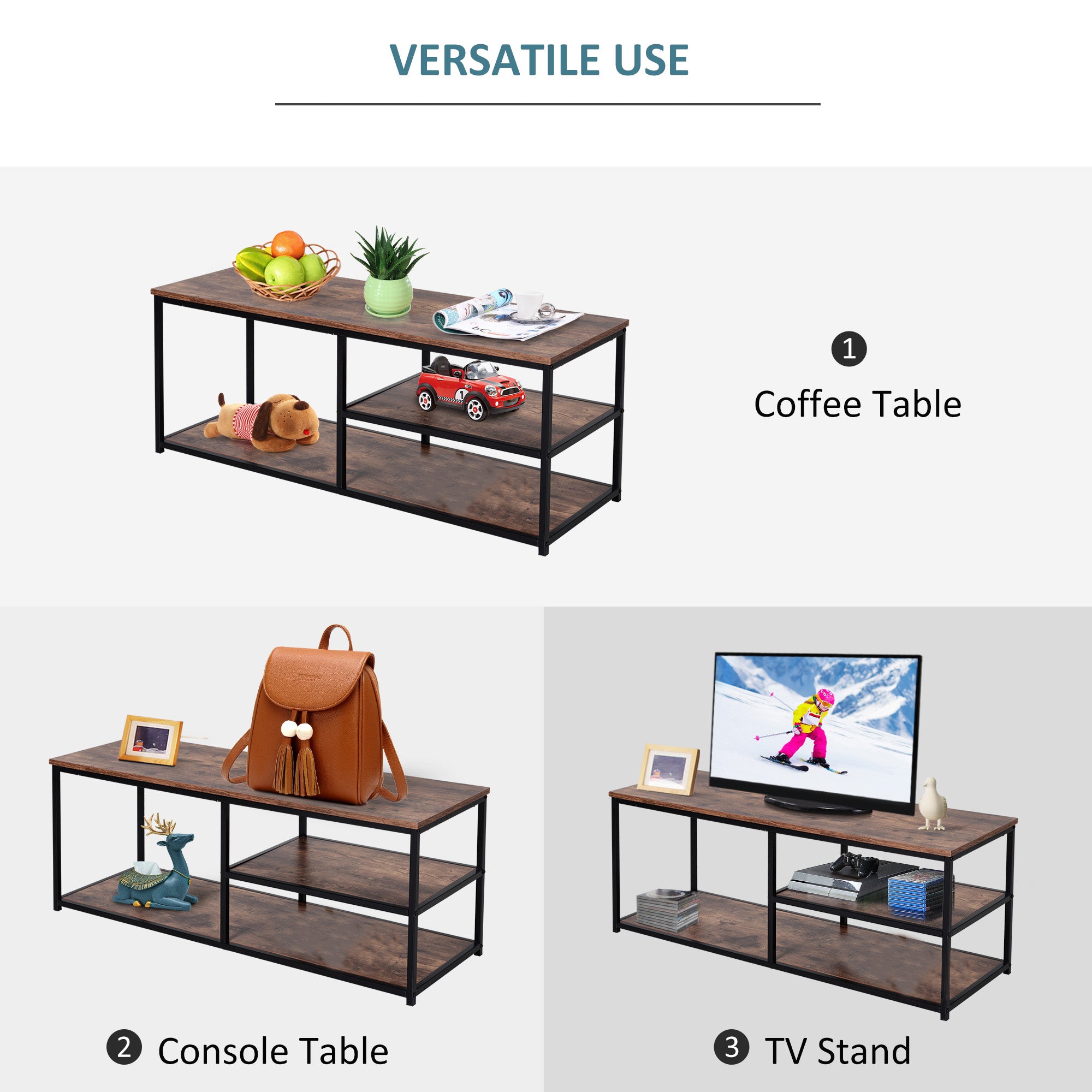 HOMCOM TV Unit for 55 inch TVs, Industrial TV Table with 2 Storage Shelves and Metal Frame, Entertainment Unit For living Room, Rustic Brown 