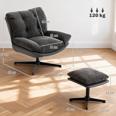 HOMCOM Accent Chair with Footstool, Swivel Lounge Chair with Chenille Upholstery, Metal Base, Dark Grey 