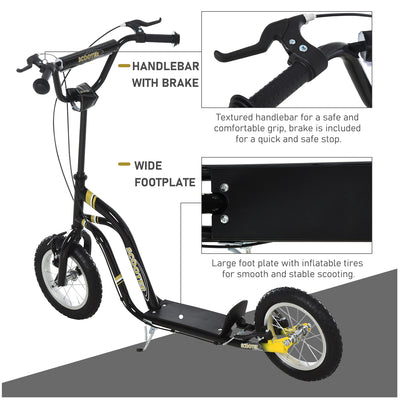 HOMCOM Teen Kids Stunt Scooter w/ Adjustable Handlebar, 12 Inch Rubber Tyres, Dual Brakes, Black 